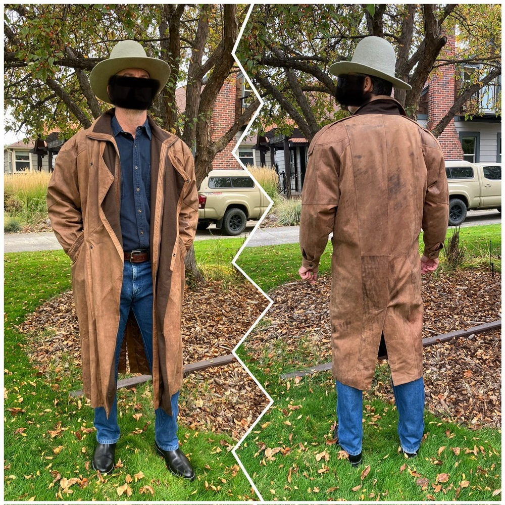 Vintage 1980's Long Trench Duster Genuine Leather Jacket One Way by Midway